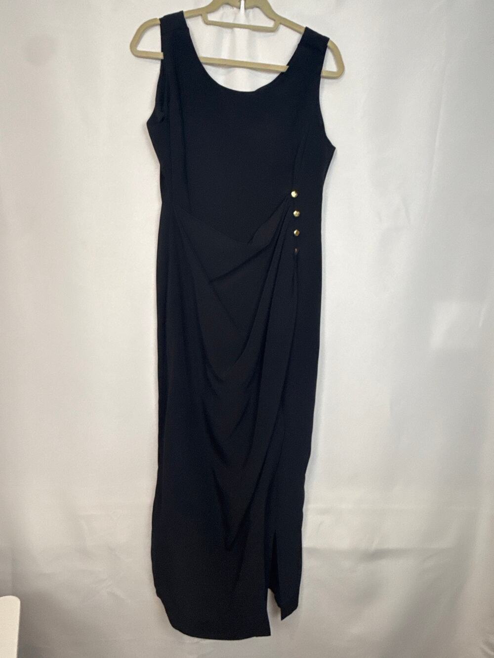 Evan Picone Vintage Black Draped Dress Sz 14 Gold Button Cocktail
